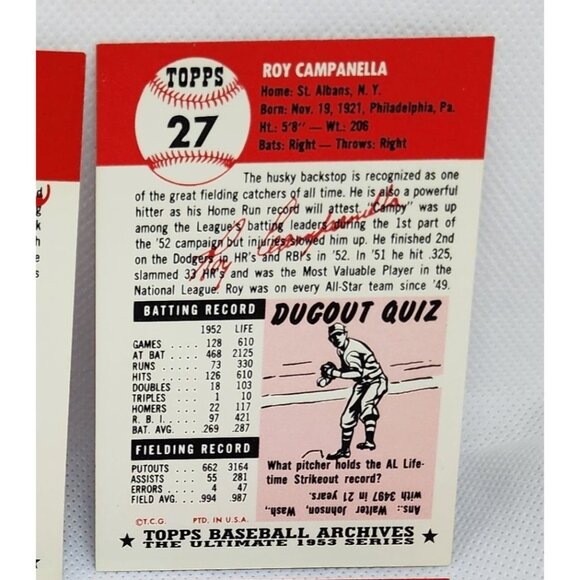 Brooklyn Dodgers 1953 Topps Vintage Reprint Baseball Cards 4 Card Bundle - Picture 9 of 10